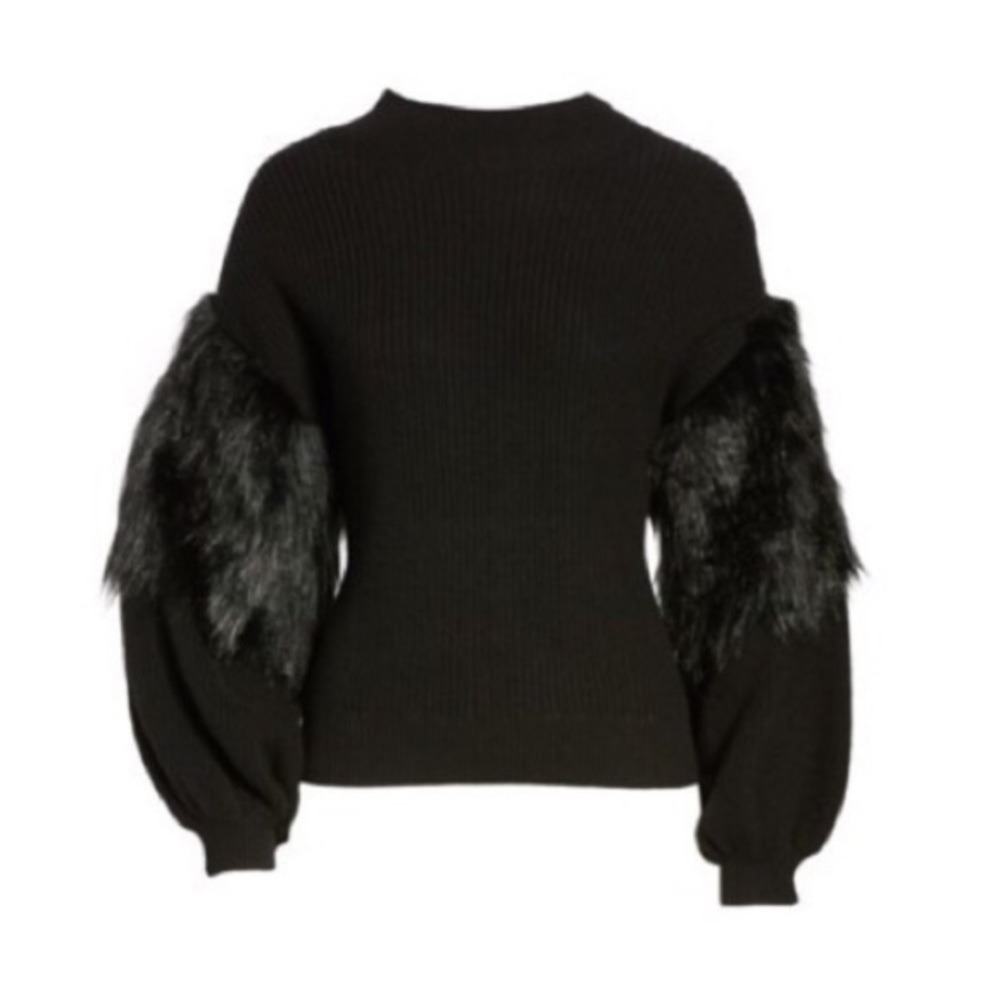 LEITH Sweater Size XS Faux Fur Long Sleeve Black Knit Winter
